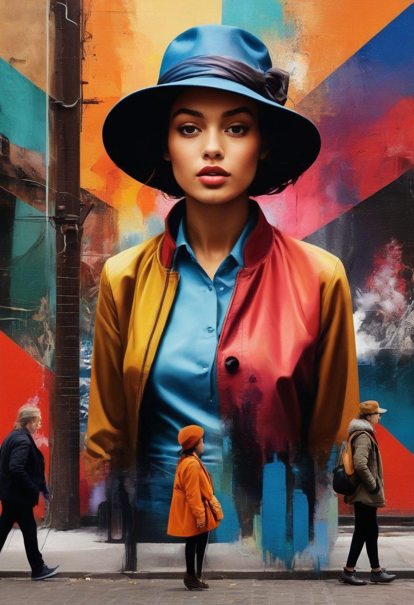 A dynamic collage merging iconic artworks from different artistic movements like Impressionism, Surrealism, and Modern Art, blending seamlessly with contemporary visual elements such as digital art and street art. Include figures of diverse people admiring and interacting with the art in an urban setting. Use vivid colors to emphasize the contrast between past and present influences on visual culture. super-realistic. vibrant colors. 3D.