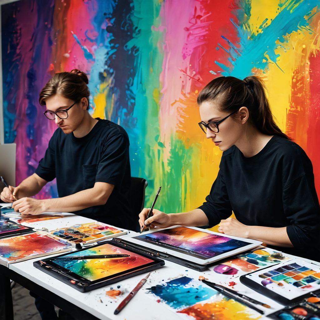 A split image depicting an artist at work on a canvas on one side, surrounded by vibrant paints, brushes, and textures, while the other side showcases a digital artist coding with graphic tablets and vivid digital art on screen. The transition between the two halves should be seamless, illustrating the evolution from traditional art techniques to modern digital methods. Include elements like code snippets and pixelated designs merging into painterly brushstrokes. super-realistic. vibrant colors. dynamic contrast.